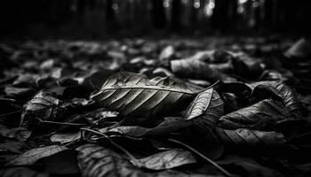 herfst bladeren vallen, natuur dood in een monochroom Woud gegenereerd door ai foto