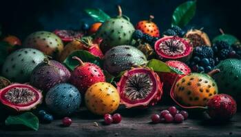 een rustiek nog steeds leven van een eigengemaakt fruit kom arrangement gegenereerd door ai foto