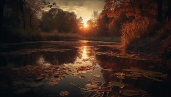 rustig schemer weerspiegelt levendig herfst kleuren in landelijk weide schoonheid gegenereerd door ai foto