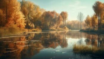 de levendig herfst boom weerspiegelt in rustig water, een sereen tafereel gegenereerd door ai foto