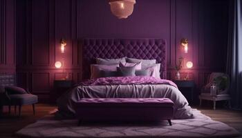 modern luxe hotel suite comfortabel dubbele bed, Purper elegantie verlichte gegenereerd door ai foto