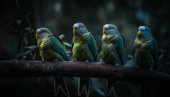 levendig ara neergestreken Aan tak, omringd door kleurrijk natuur gegenereerd door ai foto