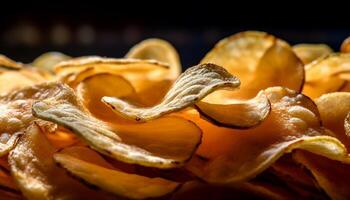 knapperig aardappel chips, een fijnproever tussendoortje voor ongezond aan het eten gewoonten gegenereerd door ai foto