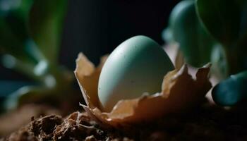 nieuw leven komt tevoorschijn van breekbaar biologisch ei Aan groen blad gegenereerd door ai foto