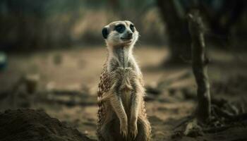 nieuwsgierig meerkat staart, bewaken klein mangoest in Afrikaanse wildernis reserveren gegenereerd door ai foto