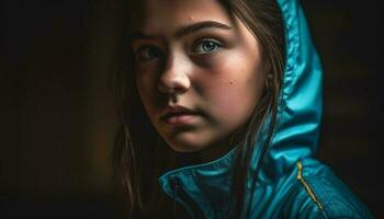 een jong vrouw, alleen in de regenen, op zoek verdrietig gegenereerd door ai foto