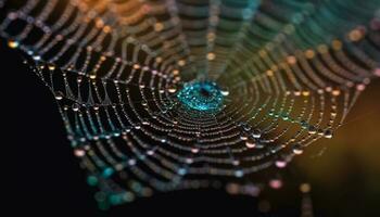 spin web glinstert met dauw druppels in dichtbij omhoog macro schot gegenereerd door ai foto