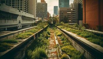 de modern stad horizon weerspiegelt in de groen rivier- hieronder gegenereerd door ai foto