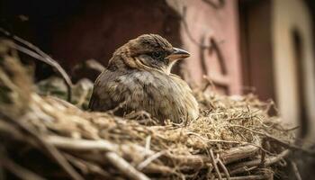 schattig jong vogel uitkomen van dier nest in landelijk boerderij gegenereerd door ai foto