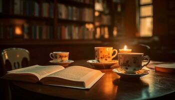 lezing leerboek Aan comfortabel tafel, nippen koffie in modern leven kamer gegenereerd door ai foto