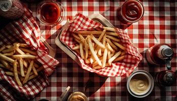 picknick lunch met gebakken Frans Patat, gegrild rundvlees en versnaperingen gegenereerd door ai foto