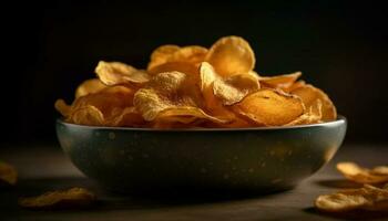 een knapperig hoop van ongezond aardappel chips Aan een tafel gegenereerd door ai foto