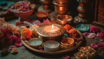 aromatisch diya brandend helder, symboliseert liefde en geestelijkheid in hindoeïsme gegenereerd door ai foto