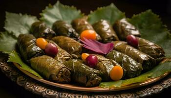 gevuld druif bladeren, een gezond vegetarisch voorafje voor lunch buffet gegenereerd door ai foto