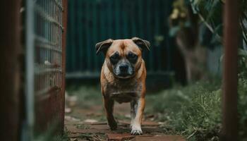 een schattig Frans bulldog zittend buitenshuis, op zoek Bij de camera gegenereerd door ai foto