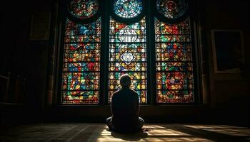 mannen en Dames bidden binnen gotisch kathedraal met gebrandschilderd glas gegenereerd door ai foto