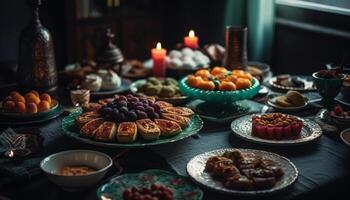 een eigengemaakt BES toetje bord, zoet toegeeflijkheid voor ieder viering gegenereerd door ai foto