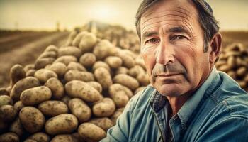 een echt boer oogsten biologisch gewassen, glimlachen Bij de camera gegenereerd door ai foto