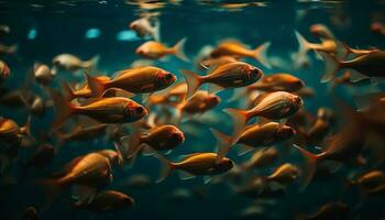 een school- van vis zwemt in de diep blauw rif gegenereerd door ai foto