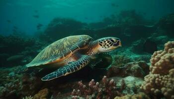 diep onderstaand, een karetschildpad schildpad zwemt in rustig onderwater- schoonheid gegenereerd door ai foto