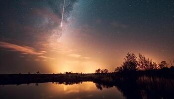 rustig nacht lucht weerspiegelt majestueus melkachtig manier over- berg landschap gegenereerd door ai foto