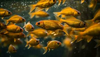 een school- van multi gekleurde vis zwemmen in een tropisch rif gegenereerd door ai foto