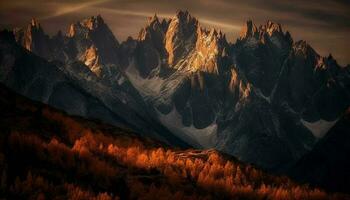 majestueus berg reeks Bij schemering, een rustig silhouet in natuur gegenereerd door ai foto
