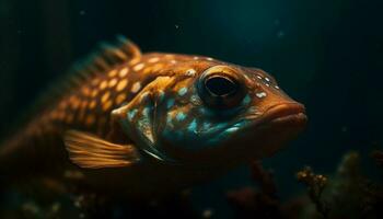 dichtbij omhoog van multi gekleurde vis in natuurlijk onderwater- rif schoonheid gegenereerd door ai foto
