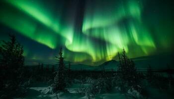 arctisch nacht verlichte door majestueus Aurora, gloeiend multi gekleurde mysterie gegenereerd door ai foto