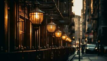 de oud stad straat gloeit met verlichte lantaarns Bij schemer gegenereerd door ai foto
