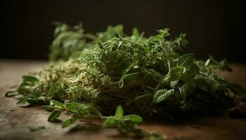 gezond salade met biologisch kruiden en groenten Aan rustiek snijdend bord gegenereerd door ai foto