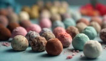 toegeeflijk chocola truffel ballen, een zoet fijnproever decoratie variatie gegenereerd door ai foto