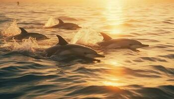 speels dolfijnen plons in de blauw zee Bij zonsondergang gegenereerd door ai foto