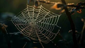 spookachtig spin spins glimmend web, dauw druppels Aan natuur schoonheid gegenereerd door ai foto