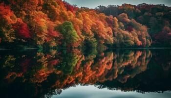 een rustig herfst Woud weerspiegelt levendig kleuren in de vijver gegenereerd door ai foto