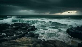 dramatisch lucht en crashen golven Bij wateren kant, een storm gegenereerd door ai foto