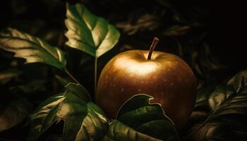 sappig, rijp appel Aan een bladerrijk Afdeling vers natuur tussendoortje gegenereerd door ai foto