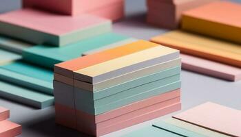 stack van multi gekleurde papier vormen inspireren creativiteit en bedrijf succes gegenereerd door ai foto