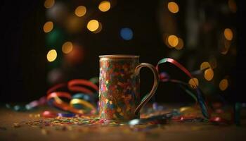 Kerstmis partij helder decoraties, gloeiend lichten, en feestelijk drankjes stromen gegenereerd door ai foto