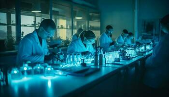een team van wetenschappers analyseren vloeistof in een laboratorium werkplaats gegenereerd door ai foto