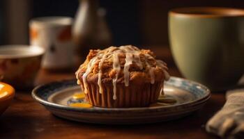 een eigengemaakt fijnproever muffin en koffie Aan een rustiek tafel gegenereerd door ai foto