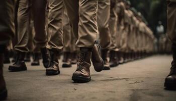 het marcheren in uniform, gewapend krachten tonen patriottisme in stad optocht gegenereerd door ai foto