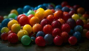 een levendig kom van multi gekleurde snoep druppels voor toegeeflijkheid gegenereerd door ai foto