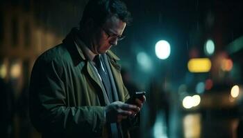 zakenman sms'en Aan mobiel telefoon in verlichte stad straat Bij nacht gegenereerd door ai foto