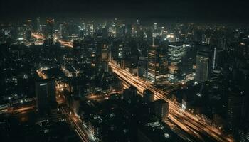 stad horizon gloeit met verkeer, wolkenkrabbers, en verlichte gebouwen gegenereerd door ai foto