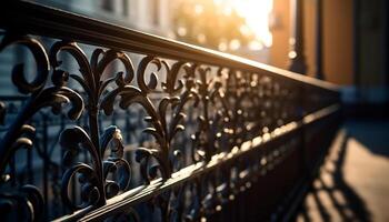 de overladen bewerkt ijzer balustrade voegt toe elegantie naar de gebouw gegenereerd door ai foto