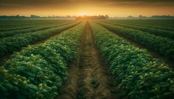 biologisch weide bloesems in levendig multi gekleurde zonsondergang over- horizon gegenereerd door ai foto