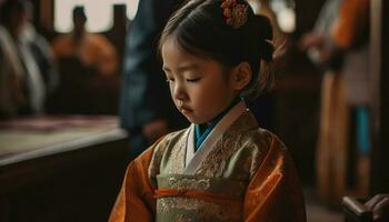 schattig meisje in traditioneel yukata lachend, aan het leren over Japans cultuur gegenereerd door ai foto