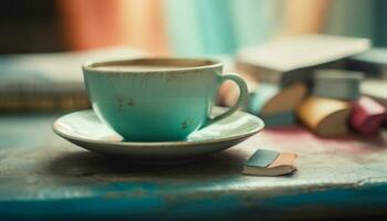 een heet latte Aan een rustiek houten tafel, perfect ontspanning gegenereerd door ai foto