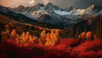 rustig tafereel van herfst weide, majestueus berg top in dolomieten gegenereerd door ai foto